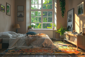 Imagine the interior of a tranquil family bedroom bathed in natural light coming through the window