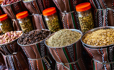 Variety of spices and herbs on Souq Muttrah, Muscat, Oman