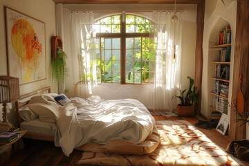 Imagine the interior of a tranquil family bedroom bathed in natural light coming through the window