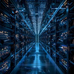 Endless Rows of Cryptocurrency Mining Computers Processing Blockchain Transactions in a Futuristic Digital Data Center with Glowing LED Lights and