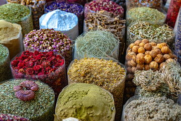 Variety of spices and herbs on Souq Muttrah, Muscat, Oman