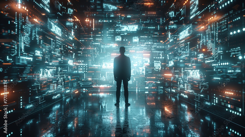 Poster businessman standing in front of a futuristic interface with holographic data. technology and busine