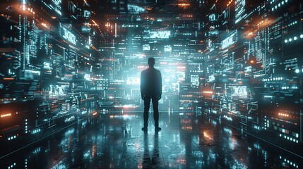 Businessman standing in front of a futuristic interface with holographic data. Technology and business concept.
