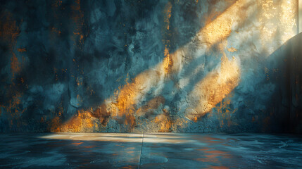 Dark Empty Wall with Interesting Golden Sun Glare and Subtle Lighting - obrazy, fototapety, plakaty