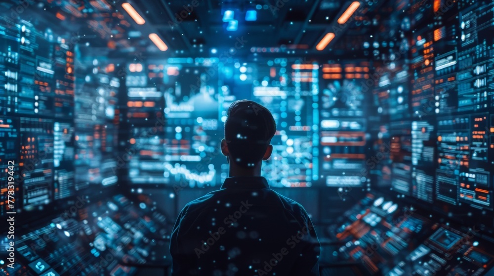 Poster businessman standing in front of a futuristic interface with holographic data. technology and busine