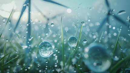 A field of grass with a few drops of water on it. The water droplets are scattered all over the grass, creating a serene and peaceful atmosphere