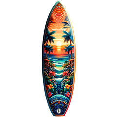 A vibrant surfboards adorned with tropical sunset and palm tree designs stand out against a crisp white backdrop.