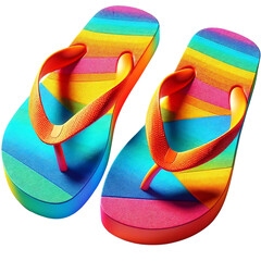 A pair of rainbow-striped flip-flops casting a soft shadow on a white surface, emphasizing bright summer colors.
