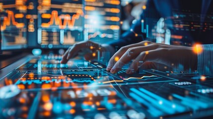 Businessman working in front of a futuristic interface with holographic data keyboard . Technology and business concept.