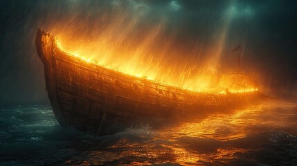A boat is shown on fire, with flames and thick black smoke billowing, amidst the vastness of the ocean.