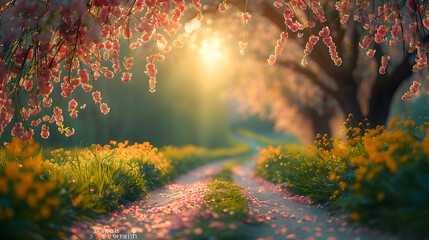 Defocused Spring Landscape with Beautiful Flowers and Green Foliage - Powered by Adobe