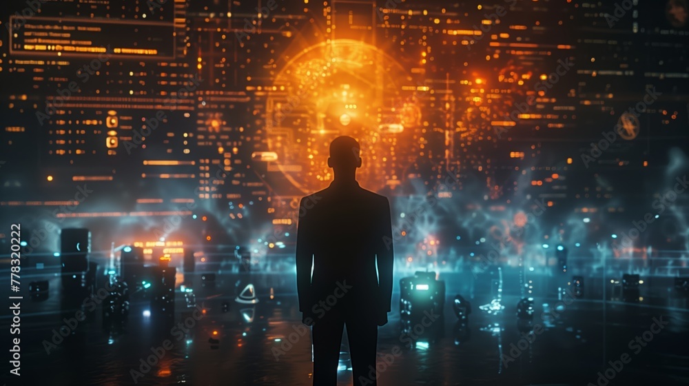Poster businessman standing in front of a futuristic interface with holographic data. technology and busine