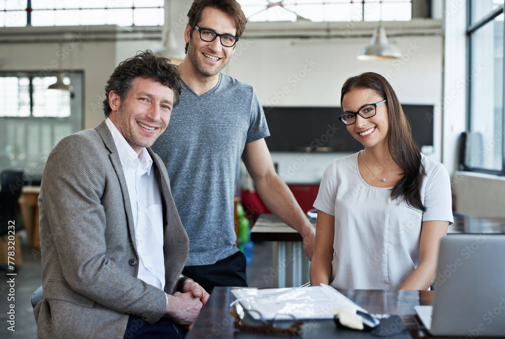 Poster Portrait, teamwork and laptop at agency for meeting with collaboration, office and web design. Technology, happy people and face of employees in workplace for creative startup, happiness and internet