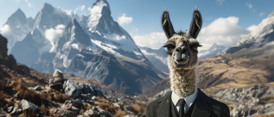 Naklejka premium Hyper-realistic llama in a suit, leading treks in the mountains