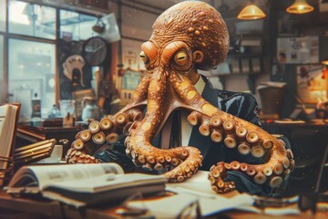 Hyper-realistic octopus in a suit, multitasking in a chaotic newsroom