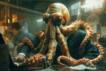 Hyper-realistic octopus in a suit, multitasking in a chaotic newsroom - obrazy, fototapety, plakaty