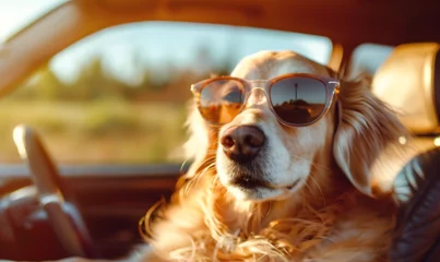  A brown long hair dog in sunglasses sits in a car, sunny day Road trip with pet Happy stylish dog with head out of the window in vintage camper car driving on scenic summer landscape. © abuhurarah
