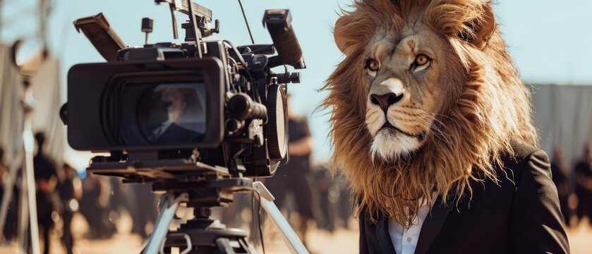 Hyper-realistic lion in a suit, directing a movie on a Hollywood set