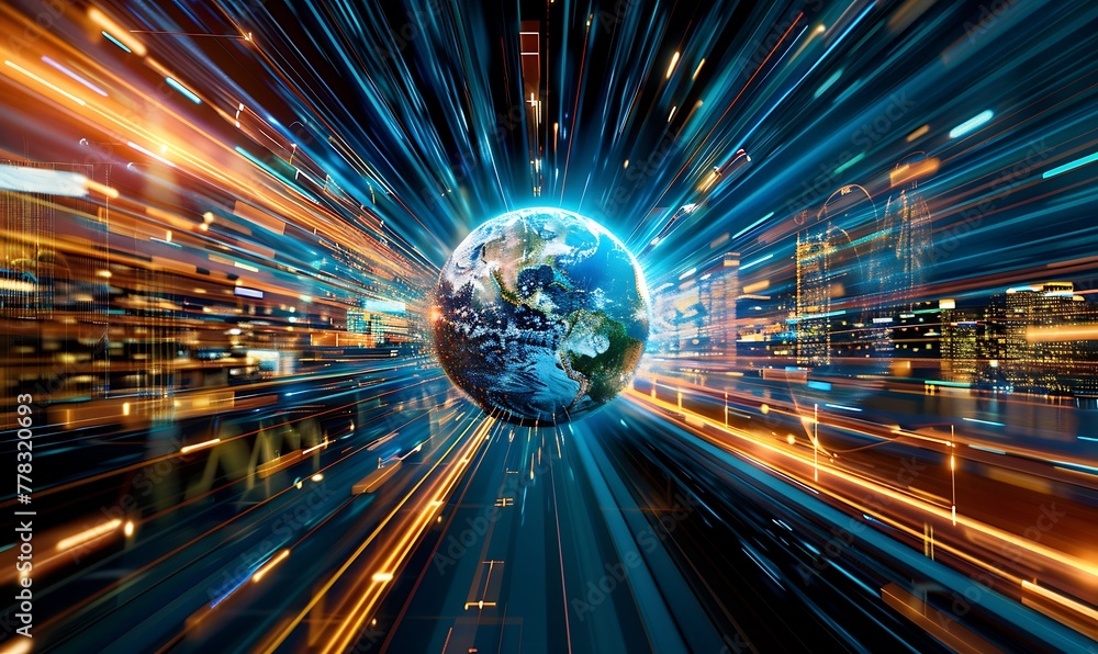 Aufkleber hyperconnected earth, racing through a digital global sphere, speeding data transfers, and intense e