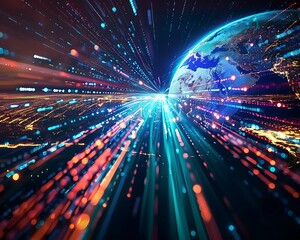 Naklejka premium Hyperconnected Earth, Racing Through a Digital Global Sphere, Speeding Data Transfers, and Intense Exchanges