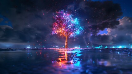 Colorful Neon Tree Display Reflected in Water at Night. Vibrant colors, including red, blue, and purple, reflected on a calm water surface against a night sky