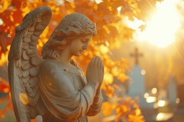 Tranquil Mourning: Angelic Figure in Sunny Cemetery