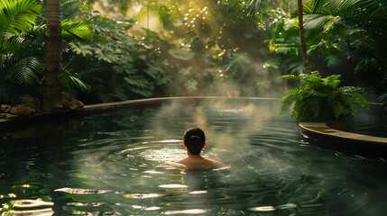 Man in Tropical Oasis Pool Surrounded by Jungle Foliage, To convey a sense of relaxation, tranquility, and escape in a tropical paradise setting,