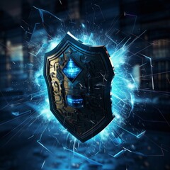 a shield that protects digital data and information security from online threats in blue cyberspace