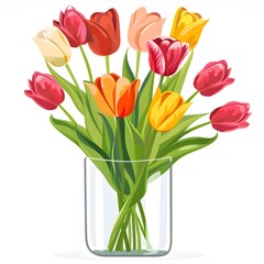 A bouquet of colored tulips in a glass vase in a flat style on a white background