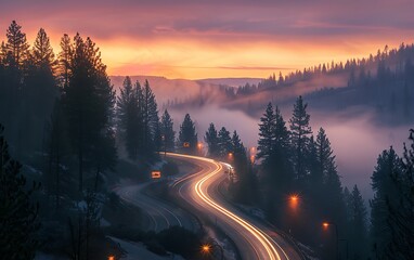 Mystical Sunset Drive, Long Exposure Captures Headlights & Traffic Lights Amidst Pine Trees in Foggy Valley