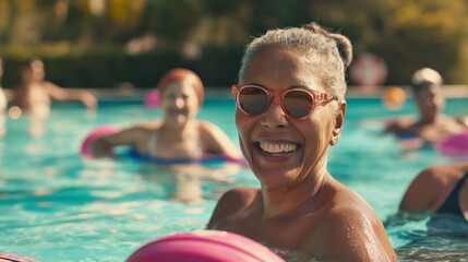 Diverse group of people swimming and having fun in a pool during a sunny day