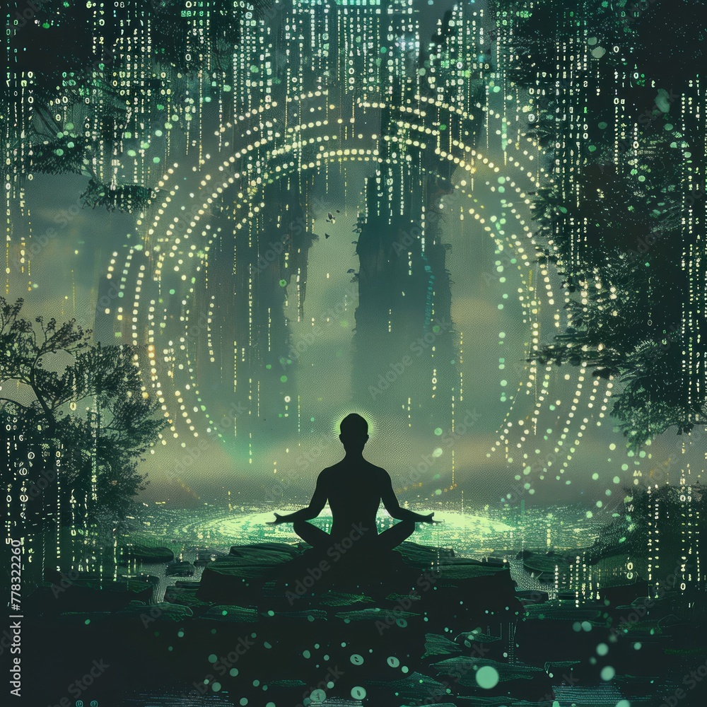 Poster a serene digital landscape with binary code, with an anonymous avatar meditating at the center