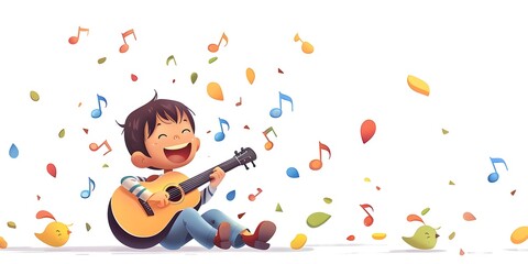 A delightful cartoon style character enthusiastically strumming an acoustic guitar creating a captivating melody with a sense of movement