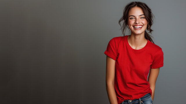 Caucasian woman wear red t-shirt smile laugh out loud isolated