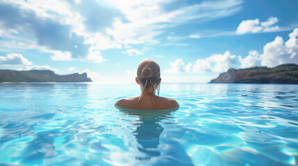 Beautiful woman swimming in a private pool. Summer holiday in the tropics, resort.	