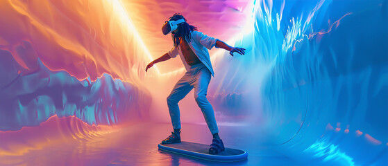 A gamer standing on a balance board, leaning wildly with arms outstretched, navigating through a virtual reality surfing game
