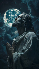 Obraz premium Vertical recreation of Jesus Christ praying in a blue night 