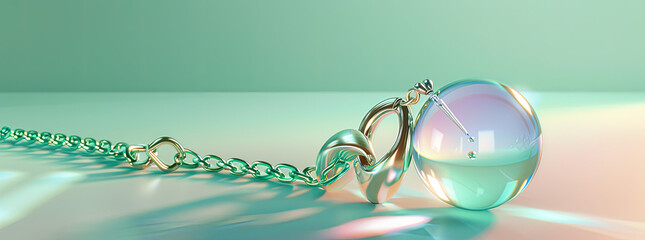 female and luxurious hypnotic pendulum, hyper realistic, luxurious and futuristic chain, blue baby and light pastel green