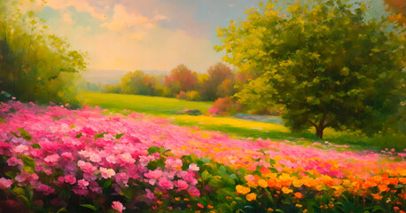 Idyllic landscape painting of a blooming flower field with lush trees, evoking peace and natural beauty for any space