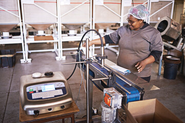 Female employee, manufacturing product and packaging for production line in shipping warehouse....