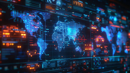 A holographic interface displaying a cybersecurity command center, monitoring threats across a global network - obrazy, fototapety, plakaty