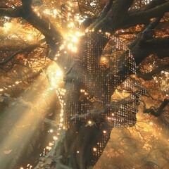 A fantasy tree with digital binary code as leaves, and the trunk of by light rays that radiate from its center