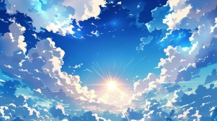 Naklejka premium A background with clouds and sun in the center with an anime drawing style. An anime background of a vast blue cloud scene.