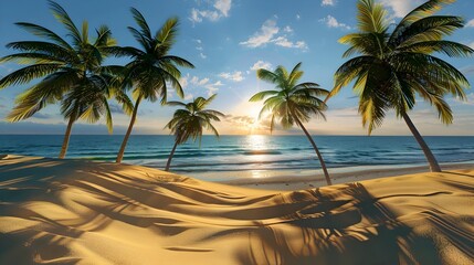 Tranquil Sunrise over Sandy Beach and Palm Trees, Palm Trees on a Beach at Sunset,
To provide an eye-catching and serene image for travel, tourism, or lifestyle promotions