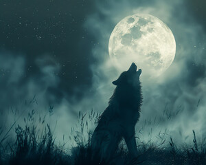 A lone wolf howling under the full moon, its figure gradually turning into a misty silhouette, merging with the night air