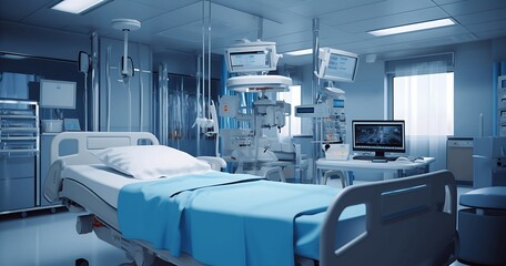 Patient bed in the hospital room. Healthcare and medical concept. Generative AI