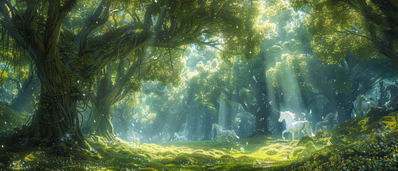 A magical forest from a fairy tale spreading its roots into a park, with fairies and unicorns seen between the trees, inviting passersby into an enchanted world - obrazy, fototapety, plakaty