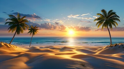 Fototapeta na wymiar Tranquil Sunrise over Sandy Beach and Palm Trees, Palm Trees on a Beach at Sunset, To provide an eye-catching and serene image for travel, tourism, or lifestyle promotions