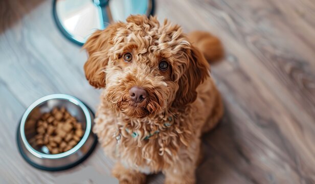 adorable apricot labradoodle puppy with food bowl on wooden floor