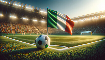 Soccer ball with Italy flag on a football field, Generative ai